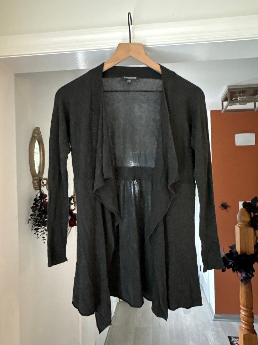 Eileen Fisher Charcoal Gray Waterfall Cardigan Sweater Petite XS Ribbed Detail